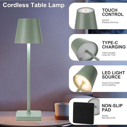 2 Pack Rechargeable Cordless Table Lamps, 5200mAh Battery Touch Table Light, Aluminum Shell Stepless Dimmable Portable LED Desk Lamp for Dinner/Restaurant/Outdoor Green