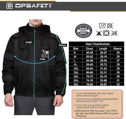 Safety jacket for men,Reflective high Visibility Hooded jacket,Hi-Vis Bomber Jacket with Pockets and Zipper,Waterproof,Black Bottom,ANSI/ISEA 107-2020 Type R Class 3,Black