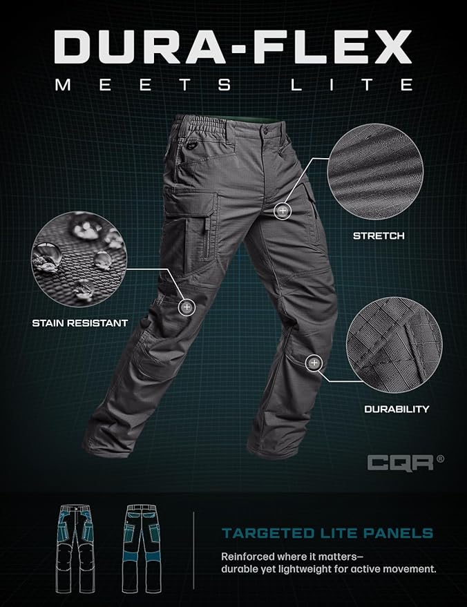 CQR Men's Flex Stretch Tactical Pants, Water Resistant Ripstop Cargo Pants, Lightweight EDC Outdoor Work Hiking Pants