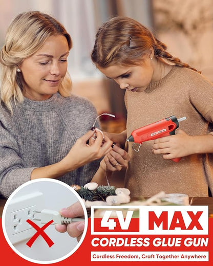 4V Red Cordless Hot Glue Gun Kit with 30 Multi-Color Glue Gun Sticks, Fast Preheating, USB-C Rechargeable with 2600mAh Built-in Battery, Less-Drip Hot Melt Glue Gun for DIY, Crafting, Art