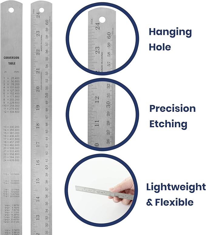 Pacific Arc 24 Inch Stainless Steel Ruler with Inch/Metric Conversion Table
