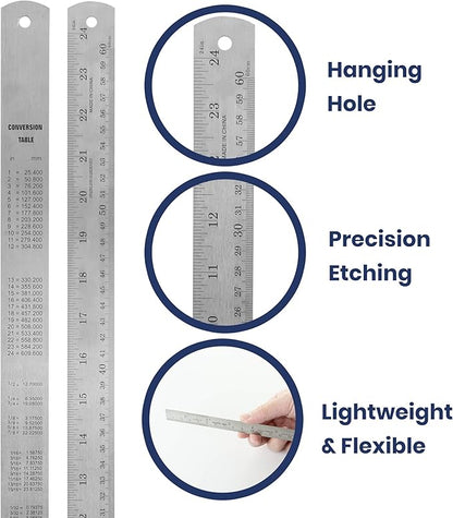Pacific Arc 24 Inch Stainless Steel Ruler with Inch/Metric Conversion Table