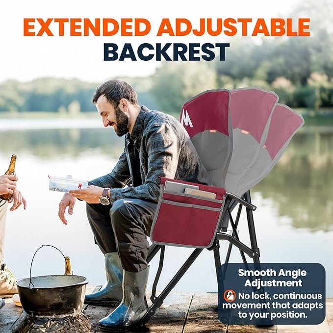 Overmont Back Support Camping Chair for Adults - Oversized with Adjustable High Backrest - Heavy Duty Folding Chair Supports 450 LBS - Cup Holder & Side Pocket – Perfect for Outdoor, Lawn, Beach Use