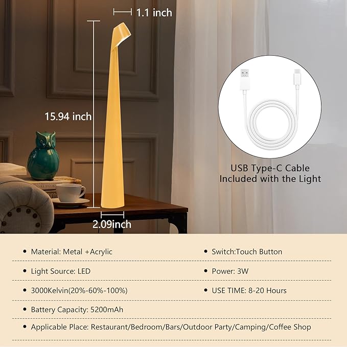 Table Lamps Cordless Rechargeable Battery Light, LED Desk Lamps Outdoor Portable Touch Lamps, Operated Wireless Portable Lamp. (Yellow)