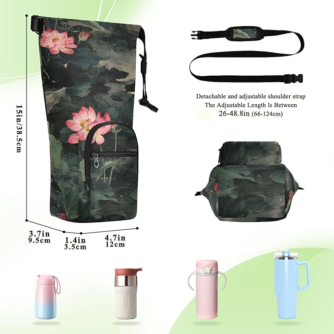 Chinese Style Lotus Flower Water Bottle Holder with Strap Insulated Water Bottle Carrier Crossbody Bags Pouch with Phone Pocket for Travel Gym Hiking Walking Running