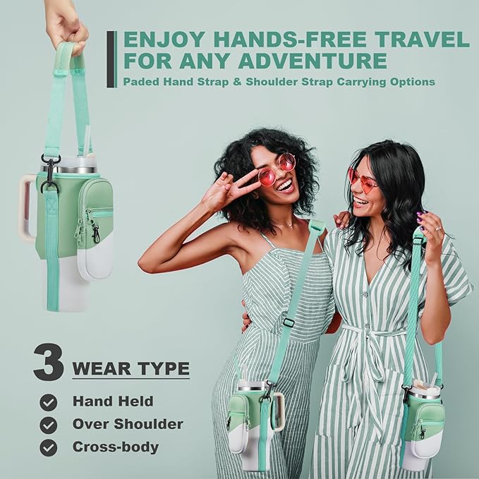 Water Bottle Carrier Bag with Phone Pocket for Stanley 40 & 30 oz Tumbler with Handle,Pink Insulated Neoprene Cup Holder Pouch w/Adjustable Strap for Quencher H2.0 Stanley Cup Accessories