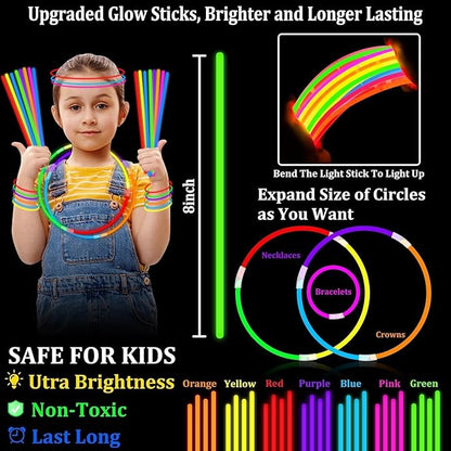 TURNMEON 500 Pack Ultra Bright New Year Eve Christmas Glow Sticks Bulk Party Pack Halloween Glow In The Dark Party Supplies Favors Glow Sticks Necklaces Bracelets with Connector 8" Glow stick Light Up