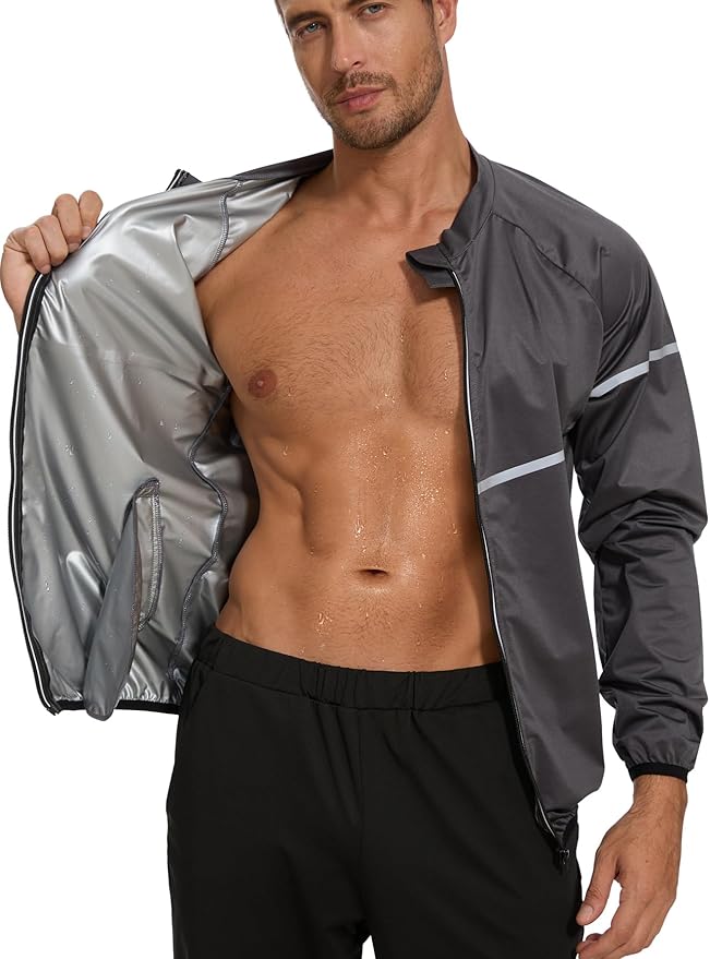 NINGMI Sauna Suit for Men Sweat - Long Sleeve Shirt Jacket Workout Body Shaper Zipper Top Slimming Fitness Trainer Gym