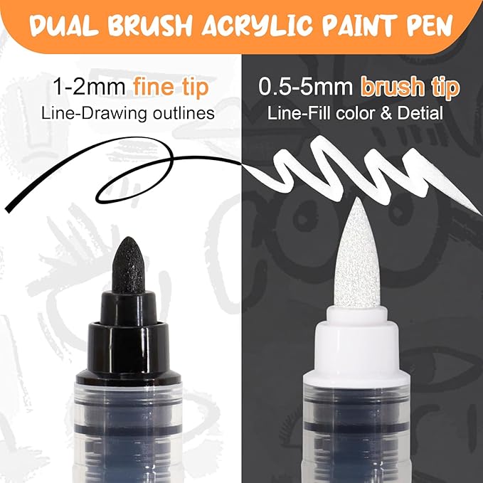 Black White Acrylic paint Markers Dual Tip Set, 6pcs Automatic Ink-Control Fine Tip and Brush Tip, Acrylic Paint Pen For Rock Painting, Metal, Glass, Wood, Fabric, Porcelain, Ceramic