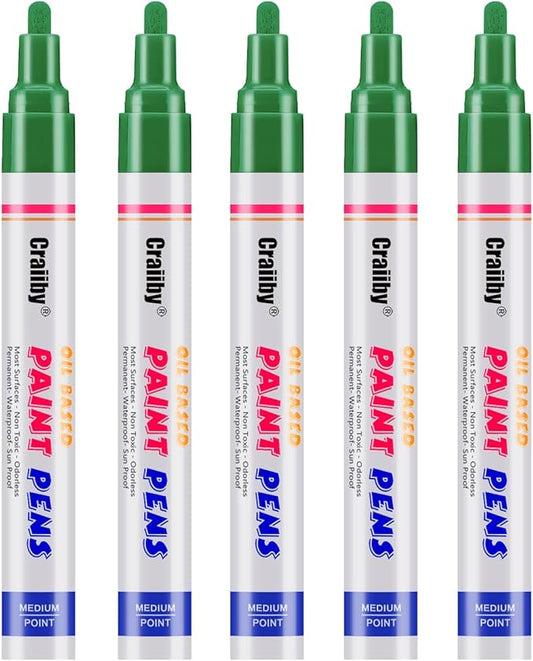 Green Paint Markers, 5 Pack Oil-Based Waterproof Quick Dry Permanent Paint Pen Set for Rocks Painting, Wood, Fabric, Plastic, Canvas, Glass, Mugs, Metal, Tire, Stone, DIY Craft