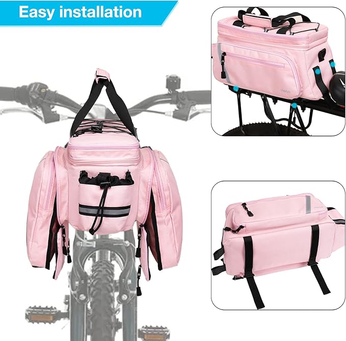 MOSISO Bike Rack Bag with Rain Cover, Bike Trunk Cooler Handag Insulated Bicycle Rear Seat Pouch with 2 Side Foldable Panniers, 8L Cycling Backseat Storage Cargo Saddle Shoulder Bag, Pink