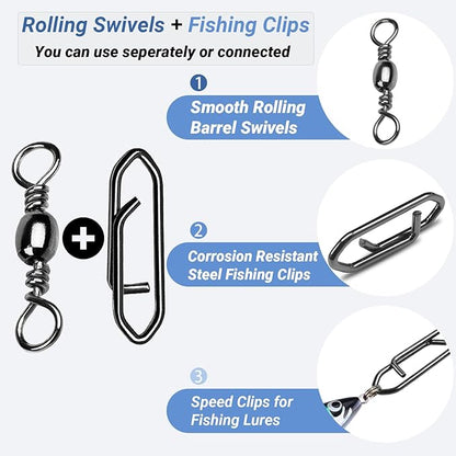 AMYSPORTS Heavy Strength Fishing Snap Stainless Saltwater Freshwater Fishing Swivel Clip Rolling Barrel Fishing Clips Swivels Speed Change Black Nickel