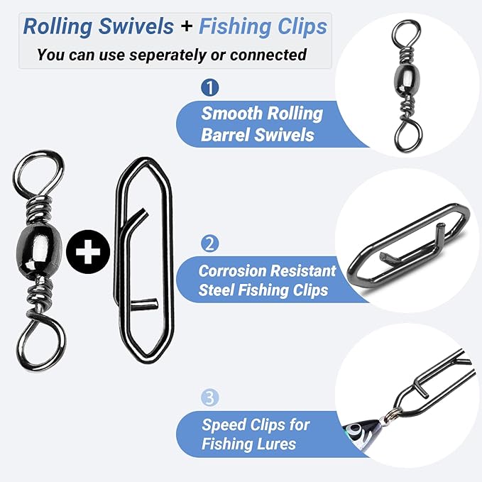 AMYSPORTS Heavy Strength Fishing Snap Stainless Saltwater Freshwater Fishing Swivel Clip Rolling Barrel Fishing Clips Swivels Speed Change Black Nickel