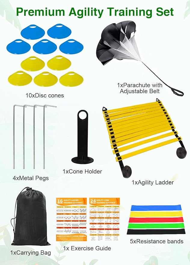 Speed Agility Training Equipment Set - 20ft Agility Ladder, 10 Disc Cones, Resistance Parachute, 5 Resistance Bands & Carry Bag | Football Soccer Basketball Fitness Drills for Kids Adults