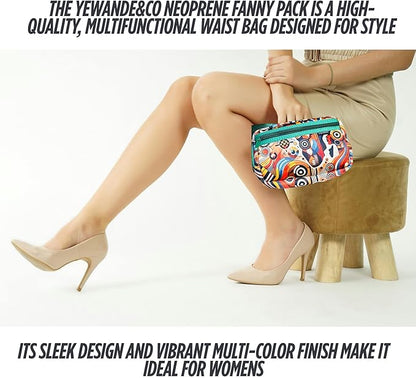 Yewande&co Neoprene Fanny Pack Belt Bag – Lightweight Waterproof Waist Bag with Adjustable Strap, 3 Zippered Pockets, Crossbody Belt Bag for Travel, African Design Crossbody Bags (Jewel)