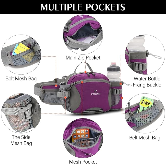 Peicees Hiking Fanny Pack Large Waist Bag for Men Women with Bottle Holder Water Resistant Lumbar Pack for Hiking Camping Fishing Outdoor (Bottle Not Included)
