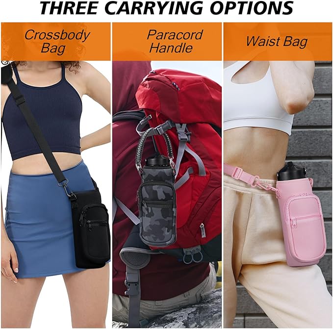 32/40/64/128 oz Neoprene Insulated Water Bottle Carrier Bag, Sling Bag Sleeve Pouch Holder with Strap & Paracord Handle and 2 Pocket for Travelling, Hiking, Camping