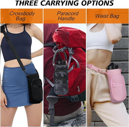 32/40/64/128 oz Neoprene Insulated Water Bottle Carrier Bag, Sling Bag Sleeve Pouch Holder with Strap & Paracord Handle and 2 Pocket for Travelling, Hiking, Camping