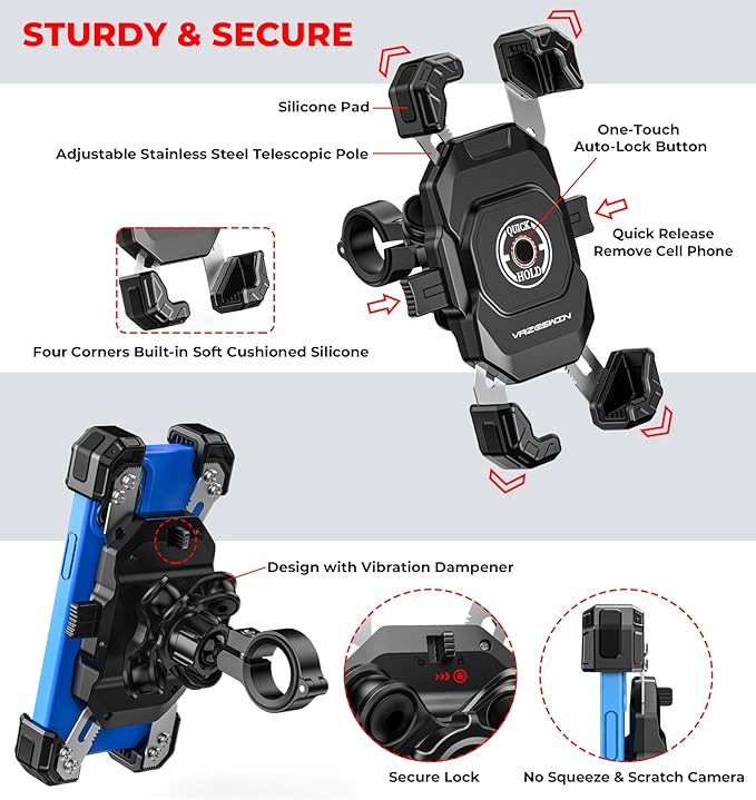 Motorcycle Phone Mount with Vibration Dampener, 1s Lock Bike Phone Holder with Aluminum Alloy Handlebar Mounting Base, One-Handed Operation Motorcycle Cellphone Mount for 5.5"-7.2" Smartphone