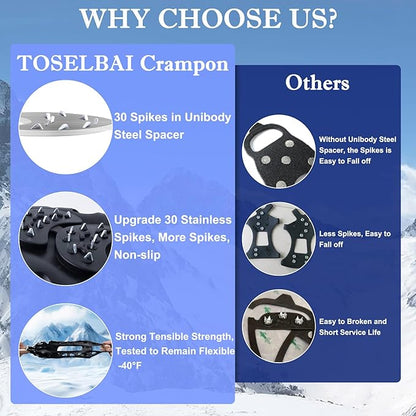 Ice Cleats for Shoes and Boots with 30 Spikes Anti Slip Snow Crampons
