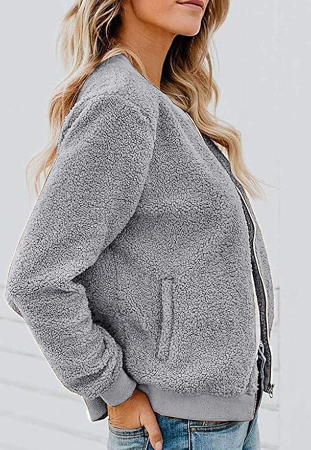 MIROL Women's Fall Trendy Fleece Jacket Faux Sherpa Fuzzy Casual Long Sleeve Zip Up Loose Fit Bomber Winter Coat