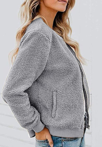 MIROL Women's Fall Trendy Fleece Jacket Faux Sherpa Fuzzy Casual Long Sleeve Zip Up Loose Fit Bomber Winter Coat