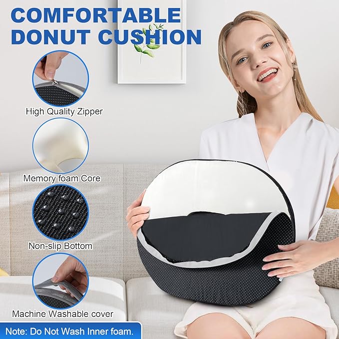 Donut Cushion Memory Foam Hemorrhoids Cushion for Postpartum & Coccyx & Tailbone Pain Pressure Relief for Office Chair, Wheelchair, Office, Car Seat (Grey)