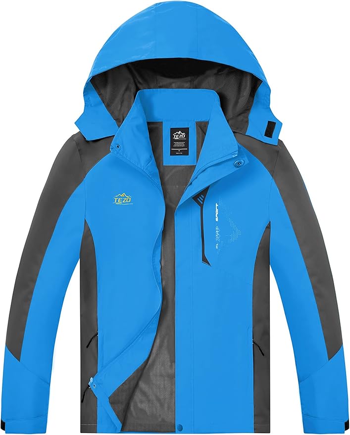 TEZO Mens Rain Jacket Waterproof with Hooded Hiking Coat Lightweight Windbreaker