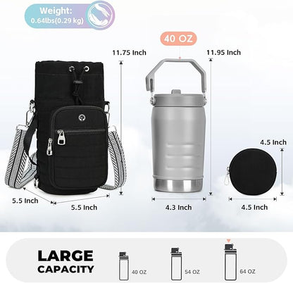 Water Bottle Carrier Bag with Strap, Sling Bag for Walking, Hiking, Cycling, Black, 40 Ounces