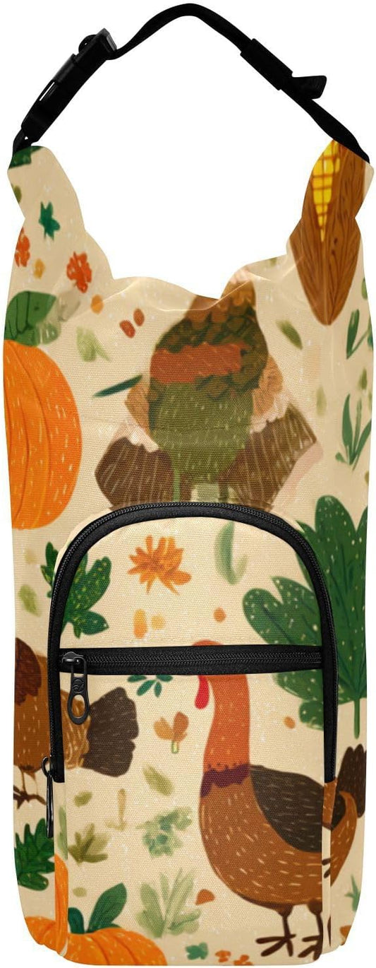 Beige Thanksgiving Turkeys Pumpkins Corn Leaves Water Bottle Holder with Strap Insulated Water Bottle Carrier Crossbody Bags Pouch with Phone Pocket for Travel Gym Hiking Walking Running