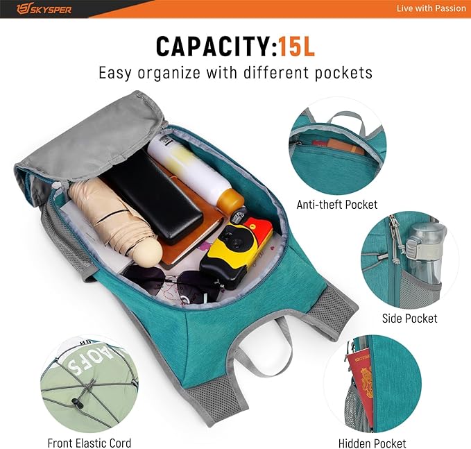 SKYSPER Foldable Hiking Backpack - 10L Small Lightweight Daypack Breathable Travel Backpacks for Men Women