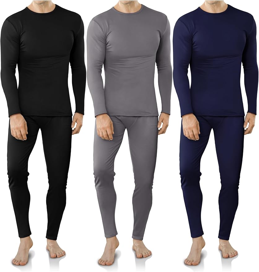 VZV 3 Set Thermal Underwear for Men Fleece Lined Long Johns Mens Thermals Top and Bottom Set Base Layer for Cold Weather