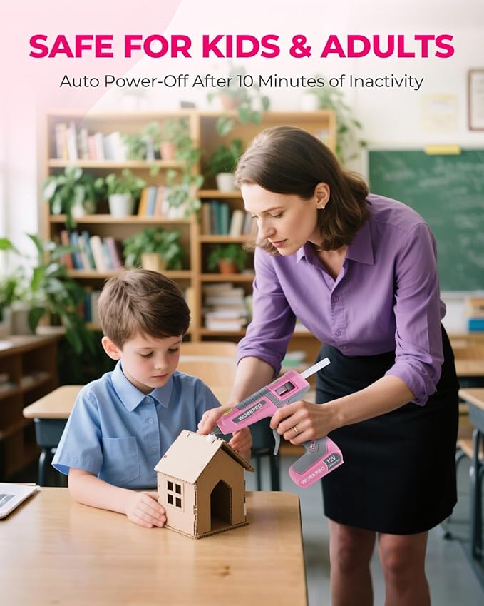 WORKPRO Full Size Cordless Hot Melt Glue Gun - 12V Rechargeable Fast Preheating Glue Gun Kit with 15pcs Full Size Glue Sticks, Auto Power-off Glue Gun for DIY Project, Art, Craft - Pink Ribbon