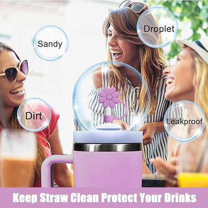 4PCS Silicone Straw Covers Toppers for Stanley Cups 30&40 Oz Tumbler Accessories Flower Straw Caps Purple Red Dust-Proof Reusable Straws Tips Protectors for Stanley Cup 10mm 0.4in Straws