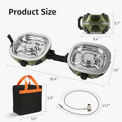 Propane Camping Stove 20,000 BTU - Portable 2 Burner Gas Stove with Adjustable Flame Control, Piezo Ignition, Carry Bag & Propane Adapter Hose, Folding Design for Camp, BBQ, Tailgating, Green