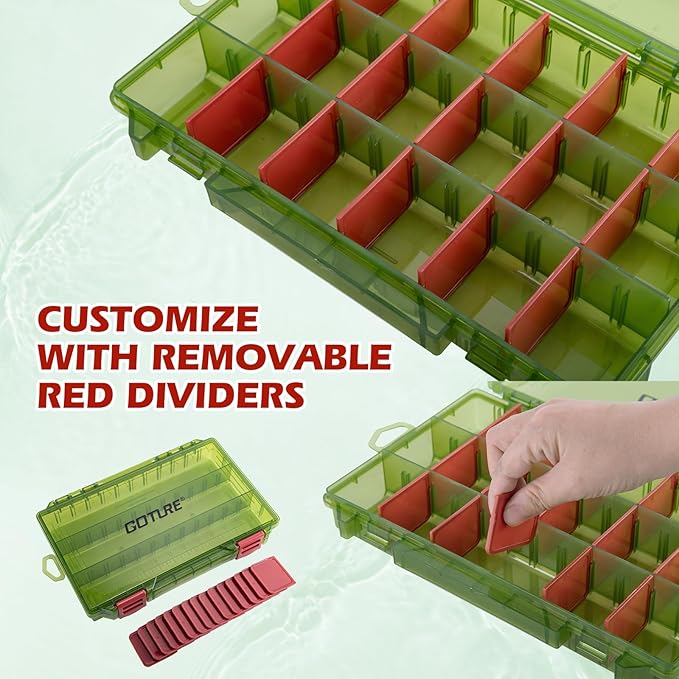 Goture Fishing Tackle Box Organizer - Transparent Fishing Organizer Box w/Measurement Ruler, Adjustable Dividers, Dual Latches | 4 Pcs 3600 Tackle Tray| Ergonomic Grip