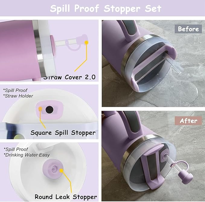 Stanley Cup Accessories Set,Including 2 Pcs 0.4in Straw Cover, 1 Silicone Spill-Proof Stopper Set of 3, 1 Cute Purple Flower Handle Charm, 1 Silicone Boot Fits Stanley 40&30 Oz Tumbler (Lilac)