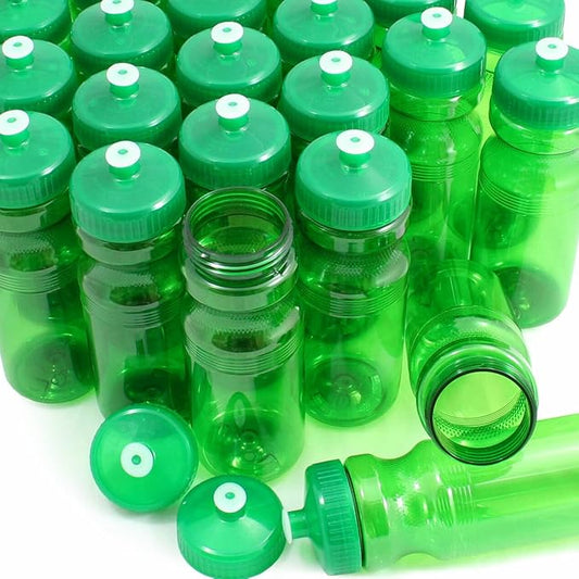 Rolling Sands USA Made 24 Ounce Sports Water Bottles - 100 Pack BPA-Free Blank Plastic Bottles for Group Use, Fitness Classes & Events - Translucent Green Bottle/Green Lid