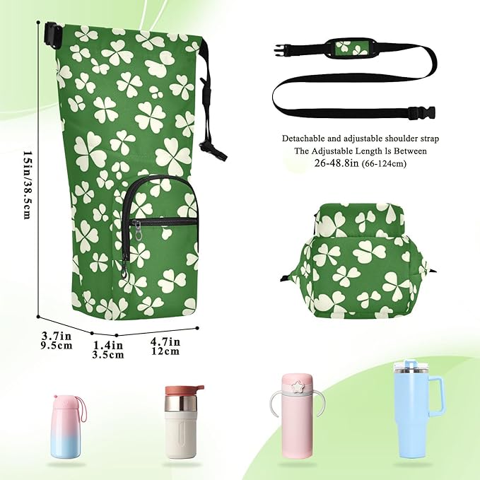 St. Patrick's Day Clovers White Water Bottle Holder with Strap Insulated Water Bottle Carrier Crossbody Bags Pouch with Phone Pocket for Travel Gym Hiking Walking Running