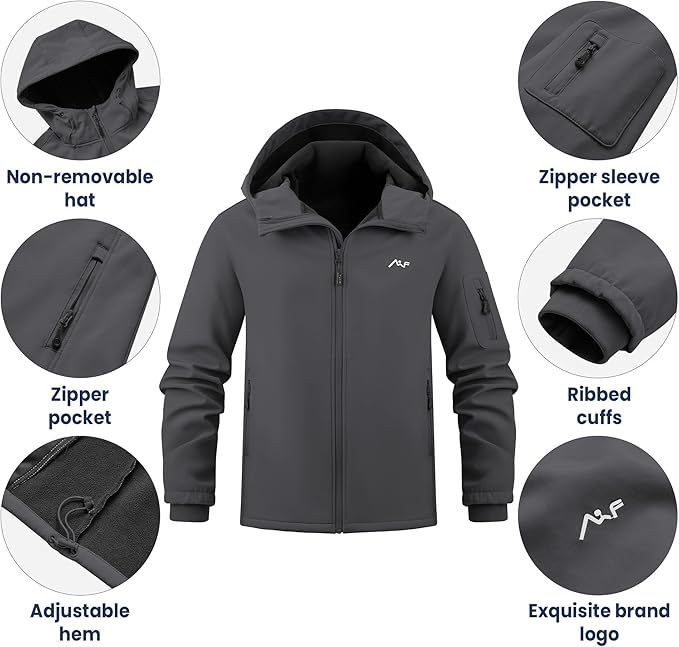 WULFUL Men's Lightweight Softshell Jacket Warm Fleece Lined Windbreaker Waterproof Soft Shell for Outdoor Hiking