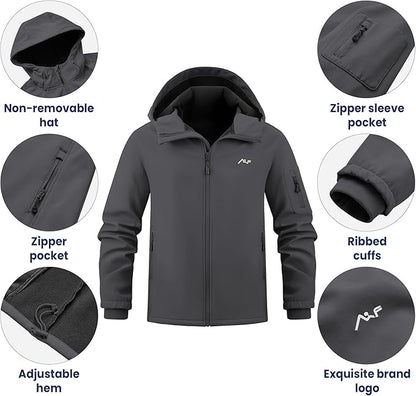 WULFUL Men's Lightweight Softshell Jacket Warm Fleece Lined Windbreaker Waterproof Soft Shell for Outdoor Hiking