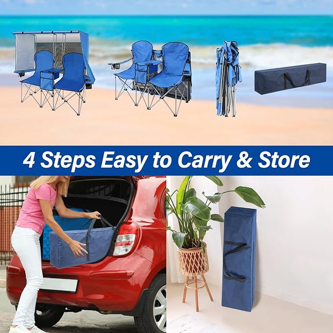 Double Beach Chair with Canopy Shade,Heavy Duty Camping Chair for Aduls,Folding Beach Chair with Cup Holder Cooler Bag for Sports Beach Outside（Blue）