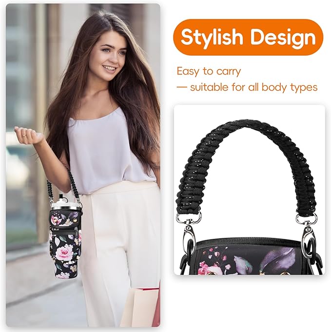 Water Bottle Carrier Bag with Phone Pocket for Stanley 40/30 oz Tumbler Neoprene Insulated Mug Sleeve Pouch with 2 Pockets & Adjustable Strap & Straw Cover for Stanley Cup Accessories