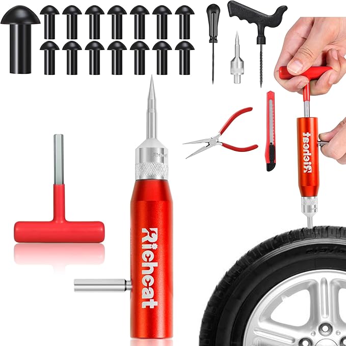 Richcat Tubeless Tire Puncture Repair Kit with Mushroom Plug, Repairs punctures and Flat Tires for Motorcycles, Cars, Trucks, ATVs and Tractors