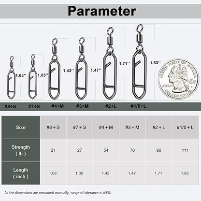 QISHUO Stainless Steel Fishing Swivels Lure Tackle Clips Snap Swivels Strength Barrel Saltwater Swivel Fishing Rolling Black Nickel