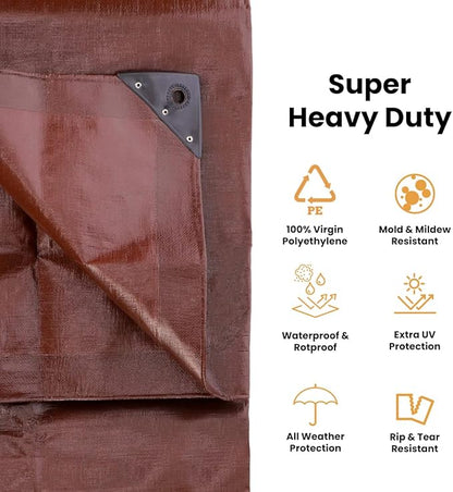 WHITEDUCK Super Heavy Duty Poly Tarp Cover 16 Mil & 10 Mil with Grommets and Reinforced Edges (Brown, White & Silver Black) (Brown- 16 Mil, 10' x 12')