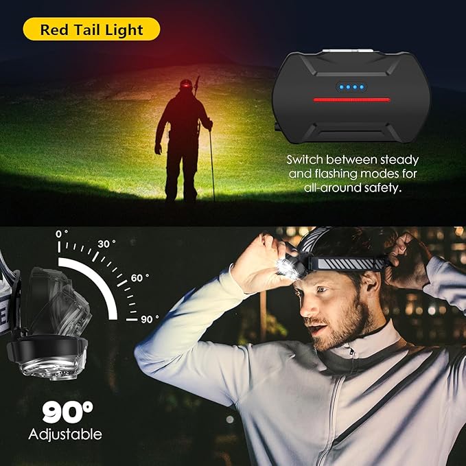 Rechargeable Headlamp, Ultra-Bright 5 LED Head Lamp with Red White Light,IPX4 Waterproof Headlight,8 Mode Head Flashlight for Outdoor Running Hunting Fishing Hiking Camping Gear