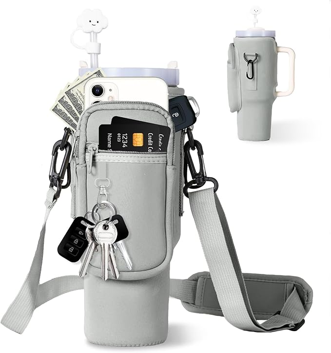 dabria Water Bottle Carrier Bag with Phone Pocket for Stanley 40/30 oz Tumbler Neoprene Water Bottle Holder Pouch with Adjustable Strap Bollus with Straw Cover & Carabiner for Stanley Cup Accessories