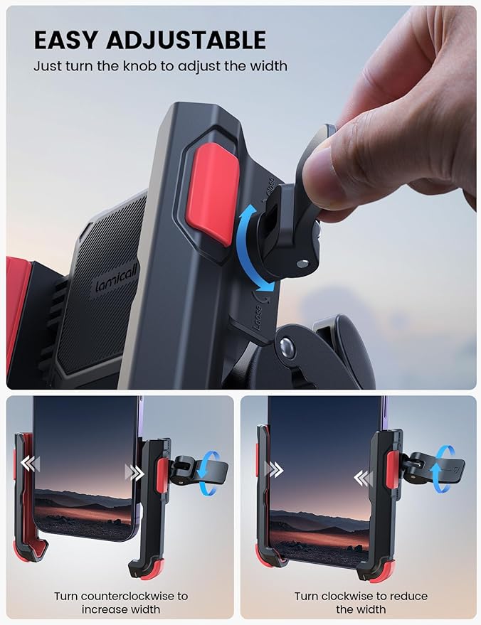 Lamicall Motorcycle Phone Mount Holder - [Camera Friendly] [1s Lock] Bike Phone Holder Handlebar Clamp, Bicycle Scooter Phone Clip, for iPhone Air, 17, 16, 15 Pro Max, Galaxy, 4.7-7" Phones, Red
