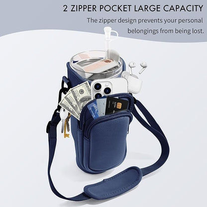 Water Bottle Carrier Bag with Phone Pocket for Stanley Cup 40/30 oz, Water Bottle Holder with Adjustable Strap& Straw Cover, Stanley Cup Accessories